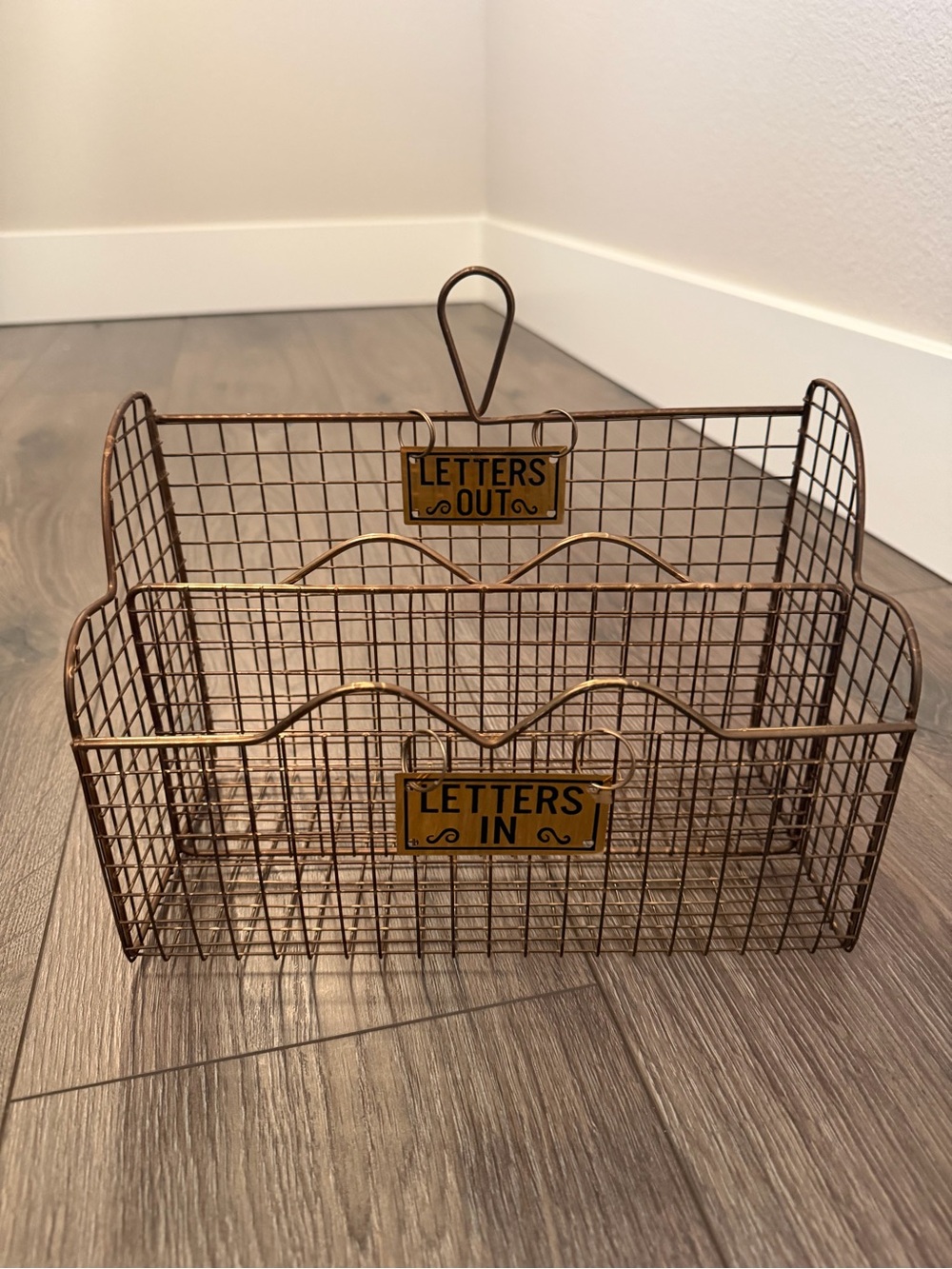 Vintage gold tone metal wire letters in/out mail organizer/holder
